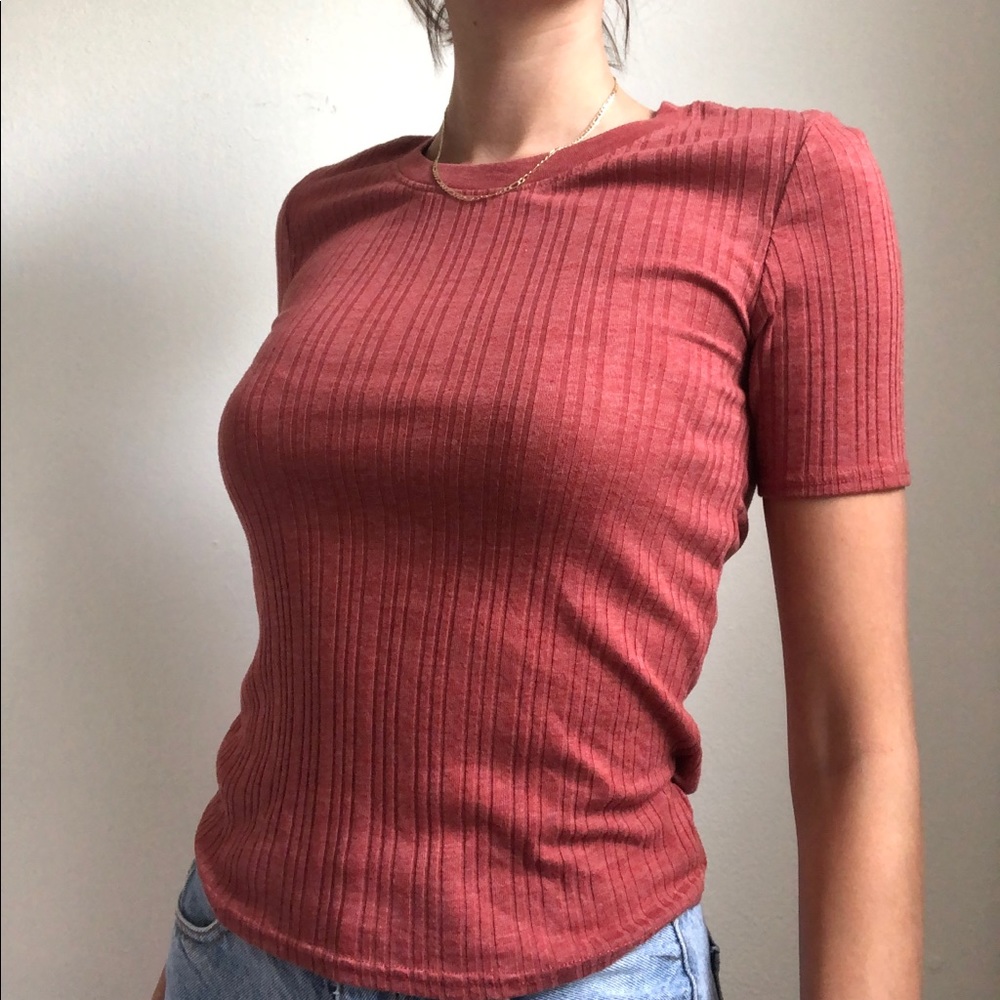 Topshop Coral Ribbed Tight T-shirt